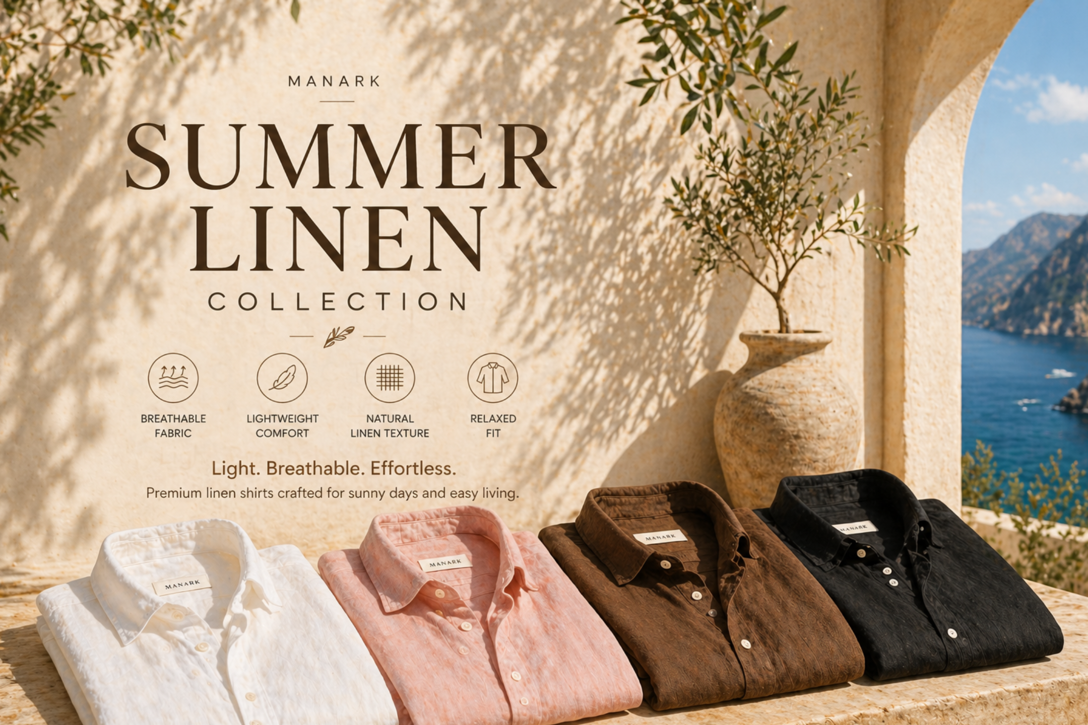 Manark Summer Linen Collection with shirts displayed outdoors near a scenic view.