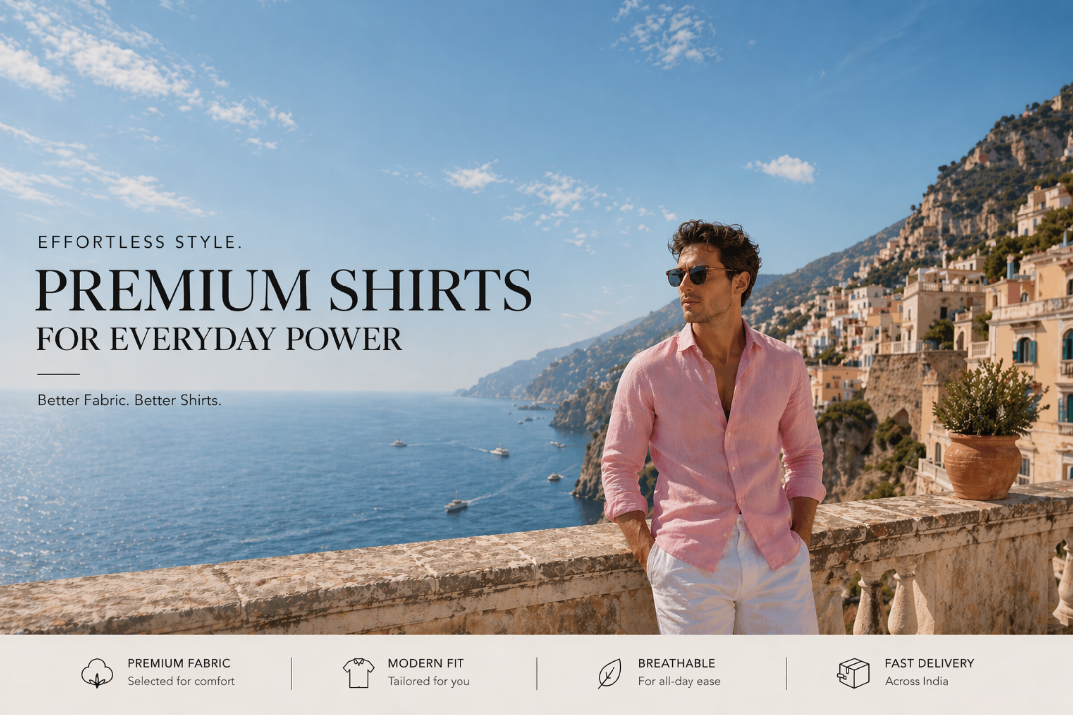 Man in a pink shirt standing in front of a scenic coastal town with text about premium shirts.