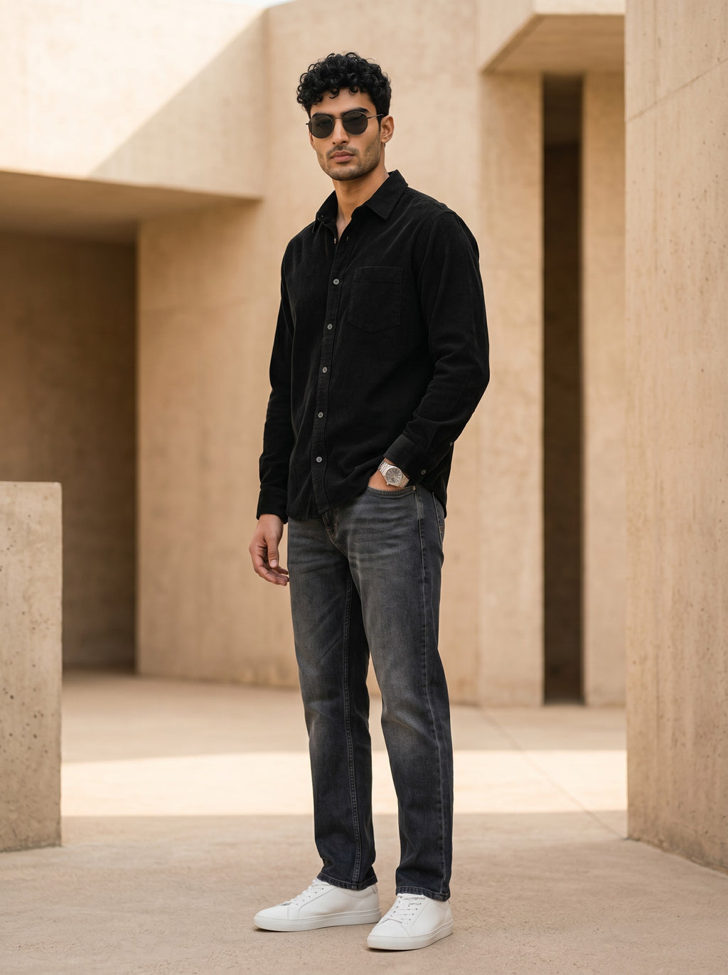 Man wearing a black shirt, gray jeans, and white sneakers in an architectural setting.