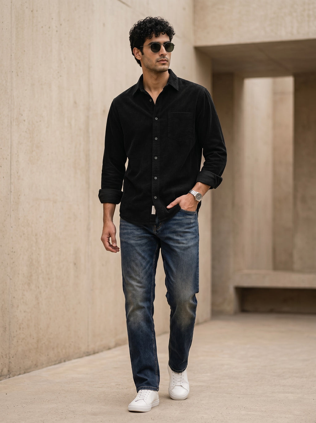 Man wearing a black corduroy shirt, blue jeans, and white sneakers standing against a beige wall.