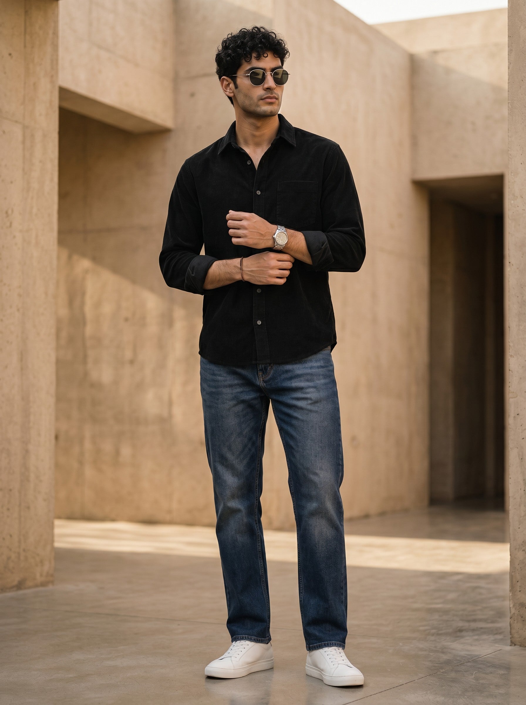 Man wearing a black shirt, blue jeans, and white sneakers standing in front of beige architectural structures.